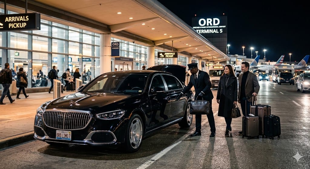 Luxury Mercedes-Maybach airport limousine pickup at Chicago O’Hare Airport