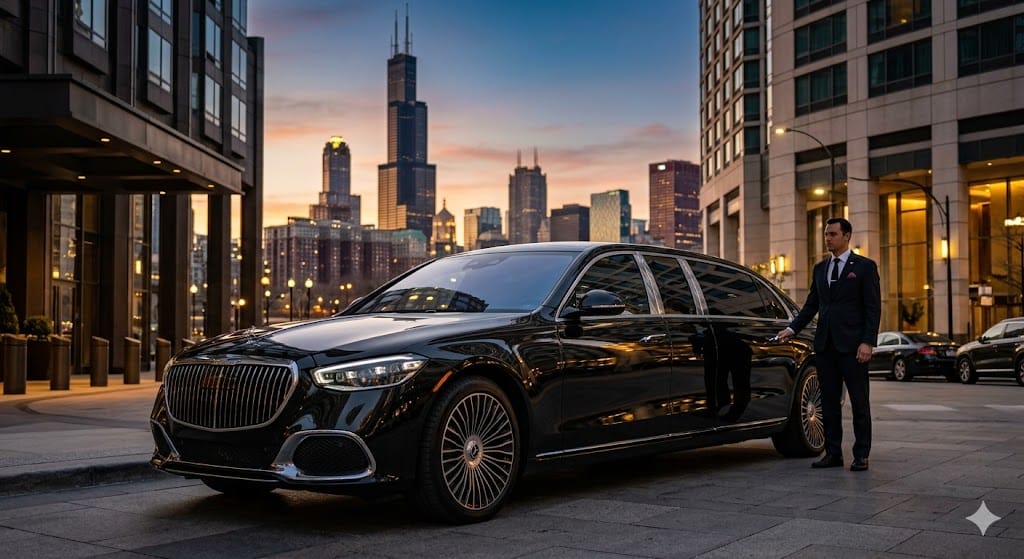 Luxury black Mercedes-Maybach limousine in downtown Chicago