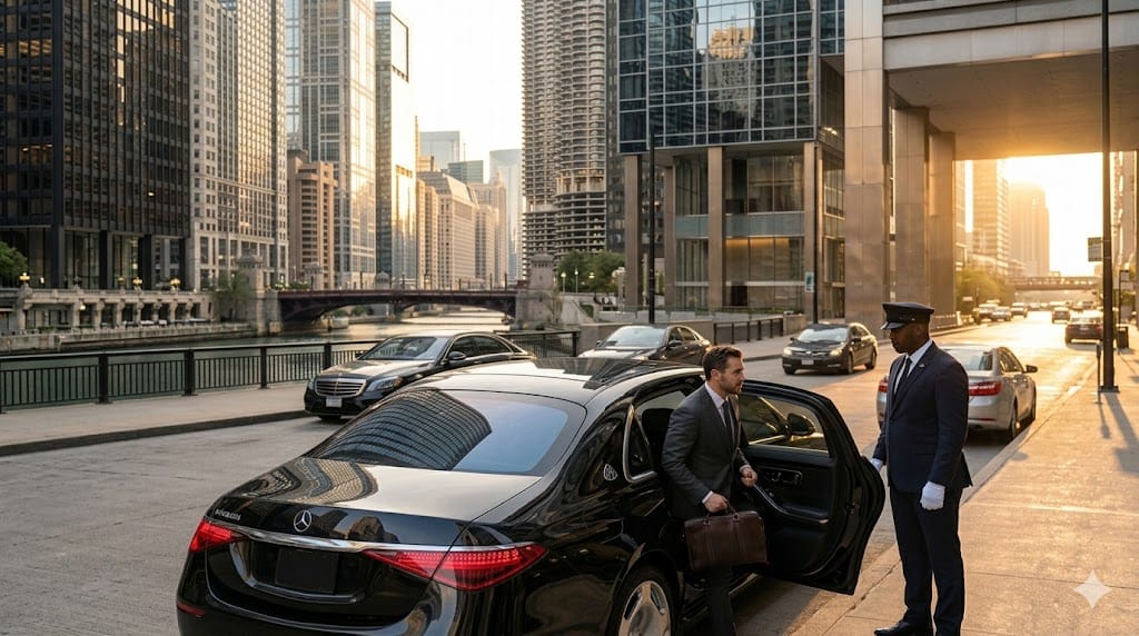 Black Mercedes-Maybach executive transportation service in downtown Chicago