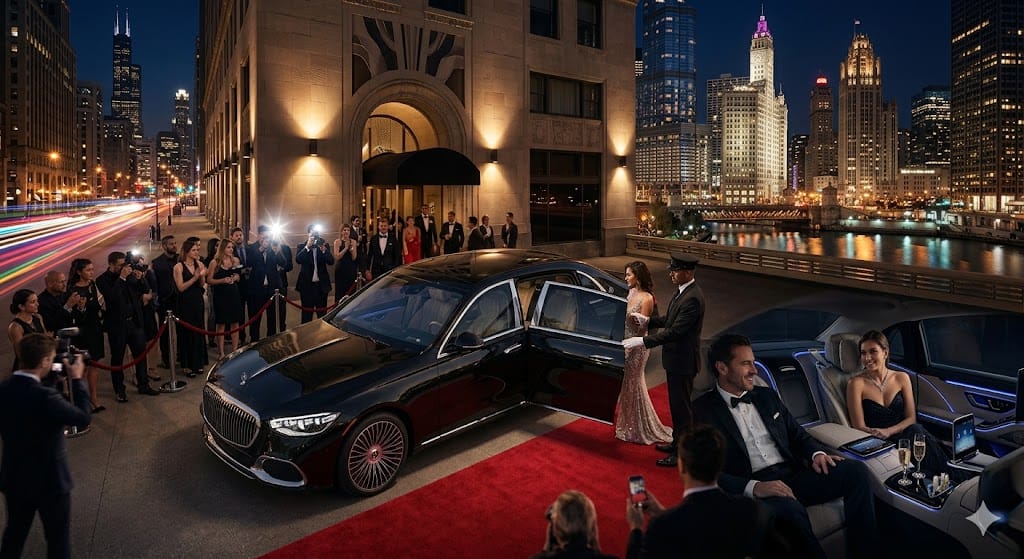 VIP Mercedes-Maybach luxury transportation arriving at Chicago event venue