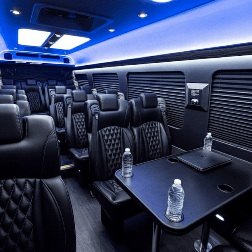 chicago executive sprinter limo interior with leather seating and led lights