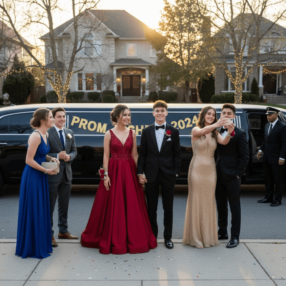 Group of Friends Standing in front of a Stretch Limo and Going to Prom Night in Chicago