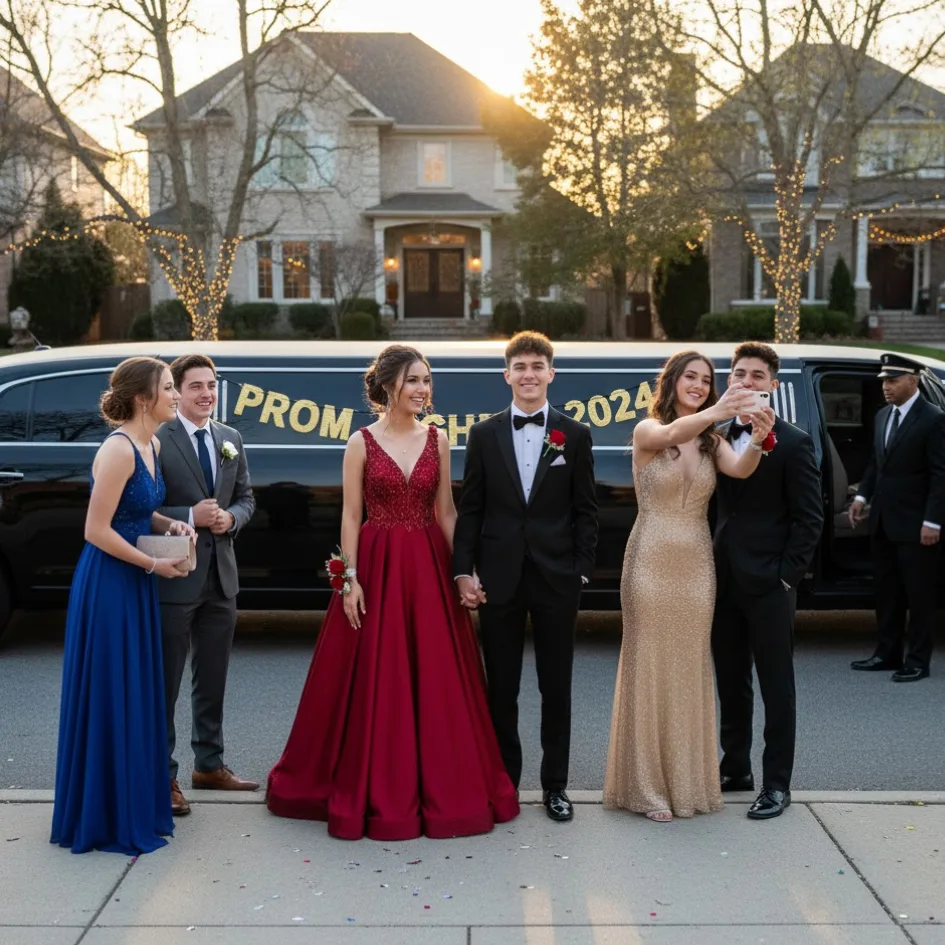 Group of Friends Standing in front of a Stretch Limo and Going to Prom Night in Chicago