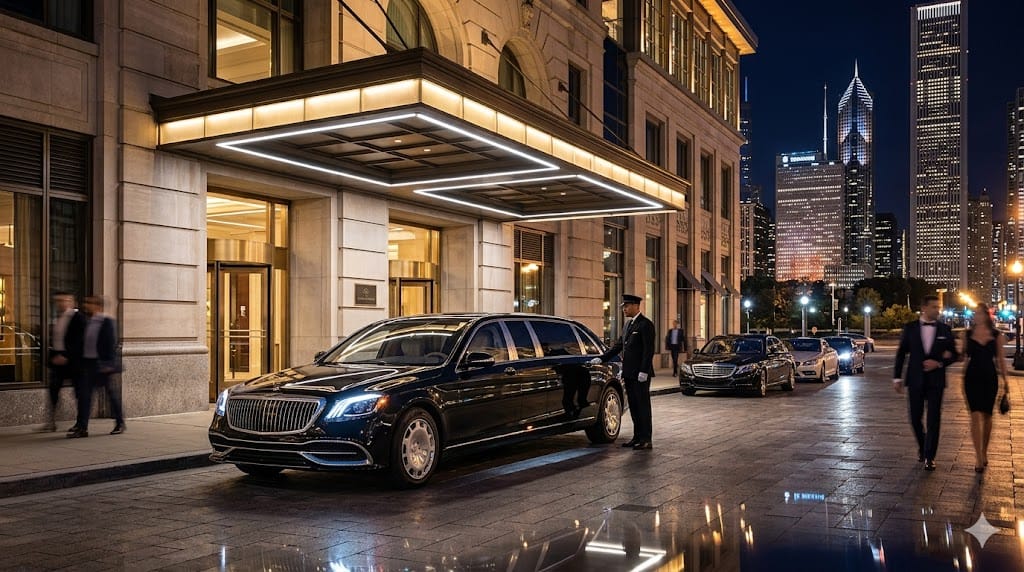 VIP Mercedes-Maybach limousine transportation outside luxury downtown Chicago hotel