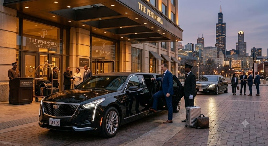 Business traveler using executive limo service in Chicago with professional chauffeur transportation