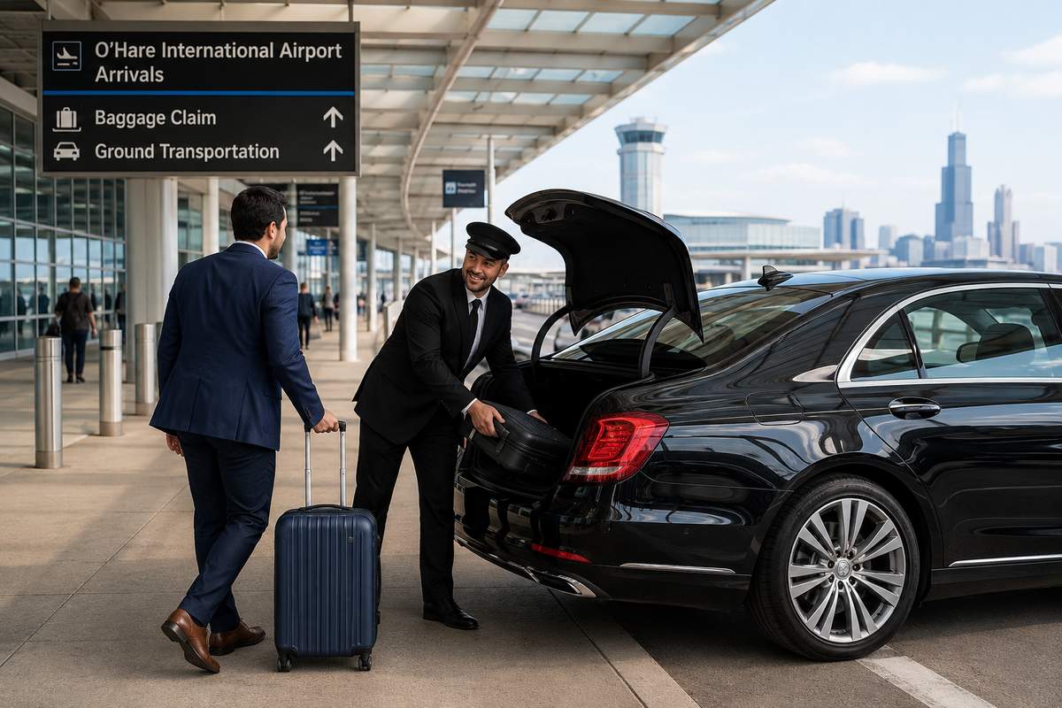 Airport pickup for Dallas travelers coming to Chicago with chauffeur assisting passenger and luggage