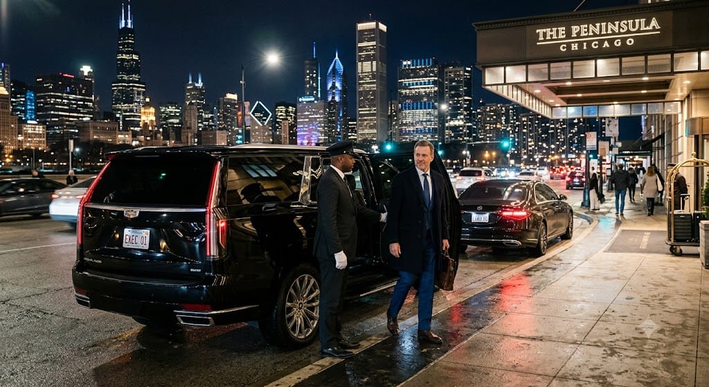 Executive limousine transportation throughout Chicago with luxury black SUV and chauffeur service