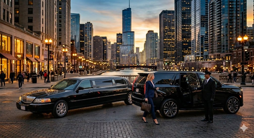 Luxury hourly limo in downtown Chicago with skyline backdrop