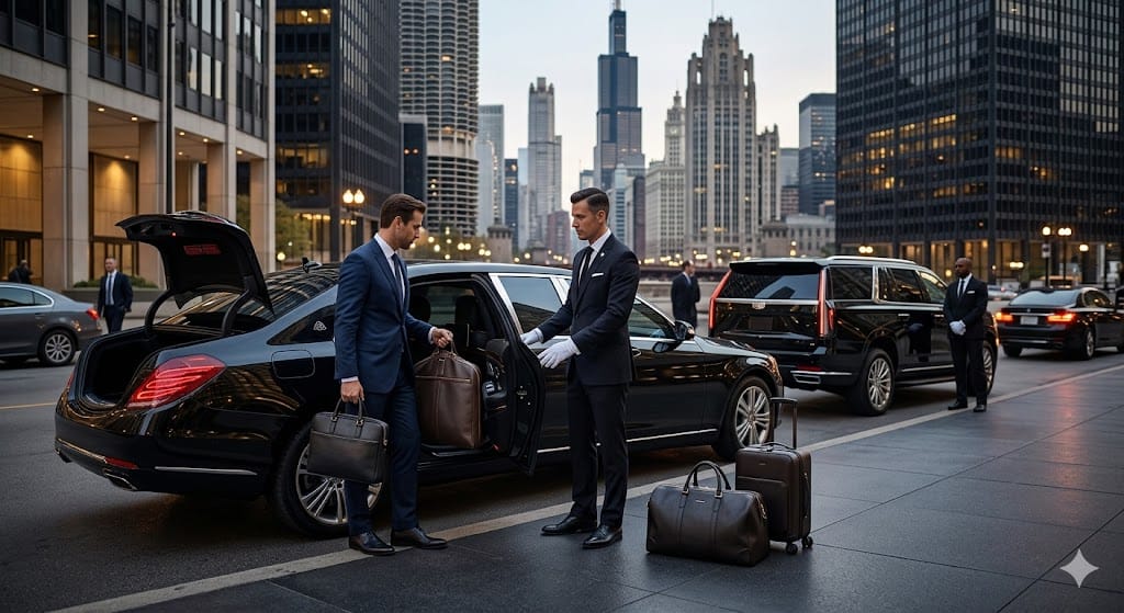 Luxury hourly limo service in Chicago for airport pickups, business meetings, and multi-stop transportation