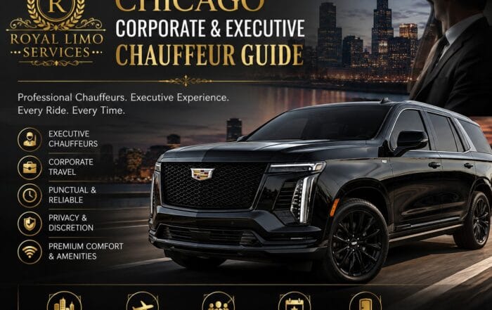Chicago corporate and executive chauffeur guide — Royal Limo Services black Escalade with professional chauffeur and the Chicago skyline, serving the Loop, all suburbs and airport transfers