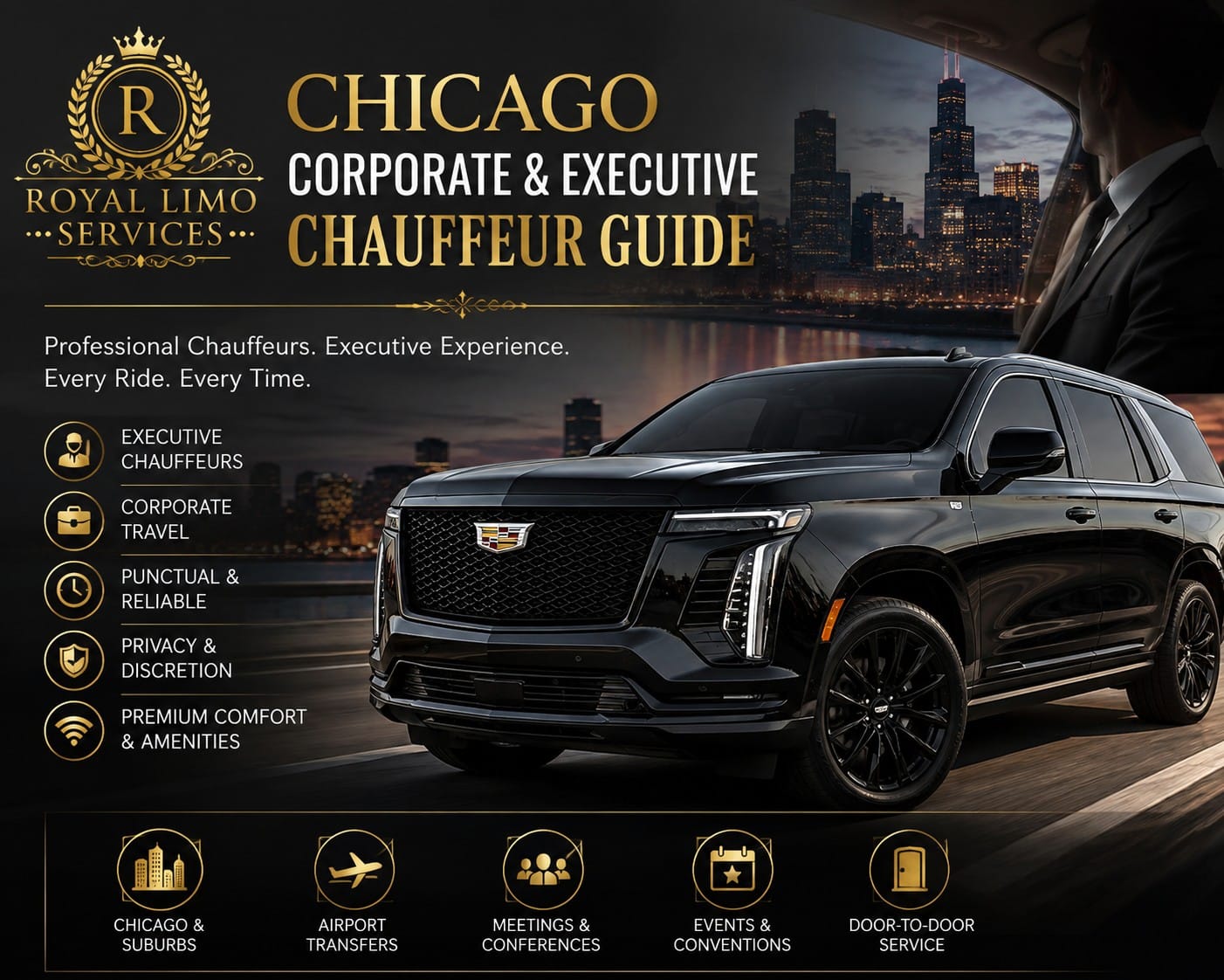Chicago corporate and executive chauffeur guide — Royal Limo Services black Escalade with professional chauffeur and the Chicago skyline, serving the Loop, all suburbs and airport transfers