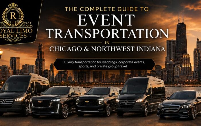 Chicago event limousine guide — Royal Limo Services luxury fleet on the lakefront at sunset