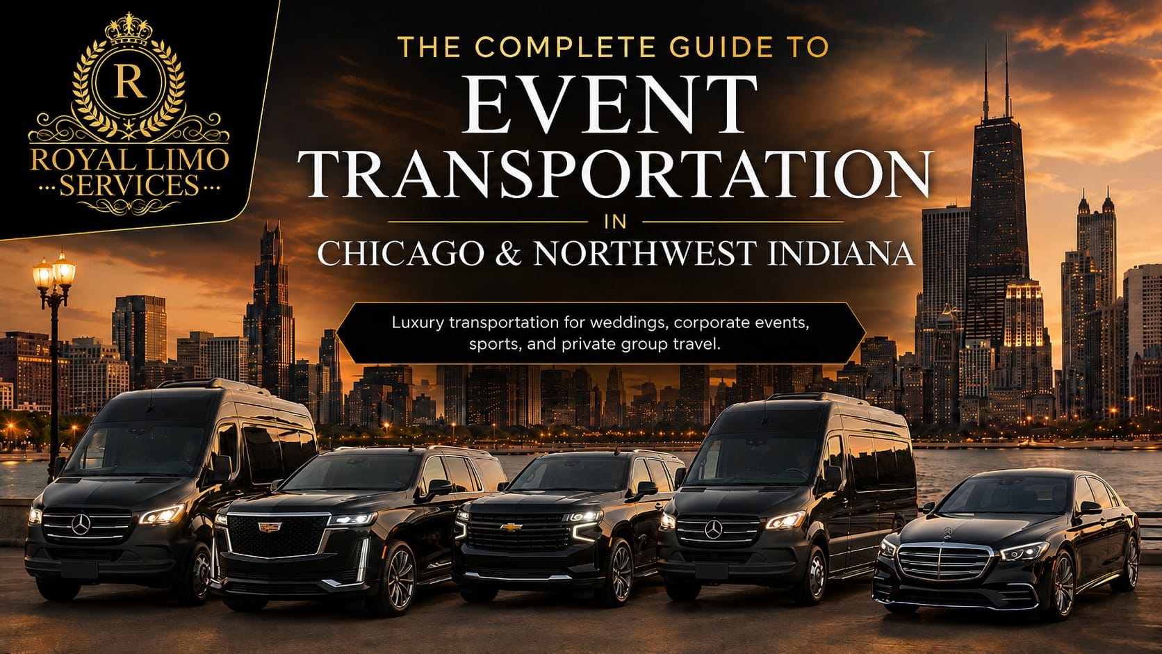 Chicago event limousine guide — Royal Limo Services luxury fleet on the lakefront at sunset