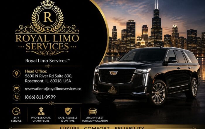 How to get around Chicago — Royal Limo Services visitor ground transportation guide, black luxury Escalade against the Chicago skyline at dusk, 24/7 chauffeured car service from the Rosemont head office near O'Hare
