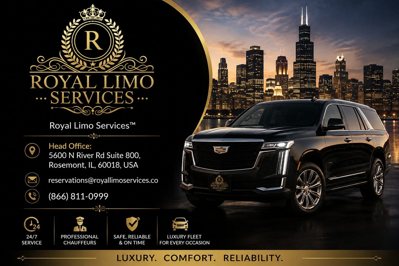 How to get around Chicago — Royal Limo Services visitor ground transportation guide, black luxury Escalade against the Chicago skyline at dusk, 24/7 chauffeured car service from the Rosemont head office near O'Hare
