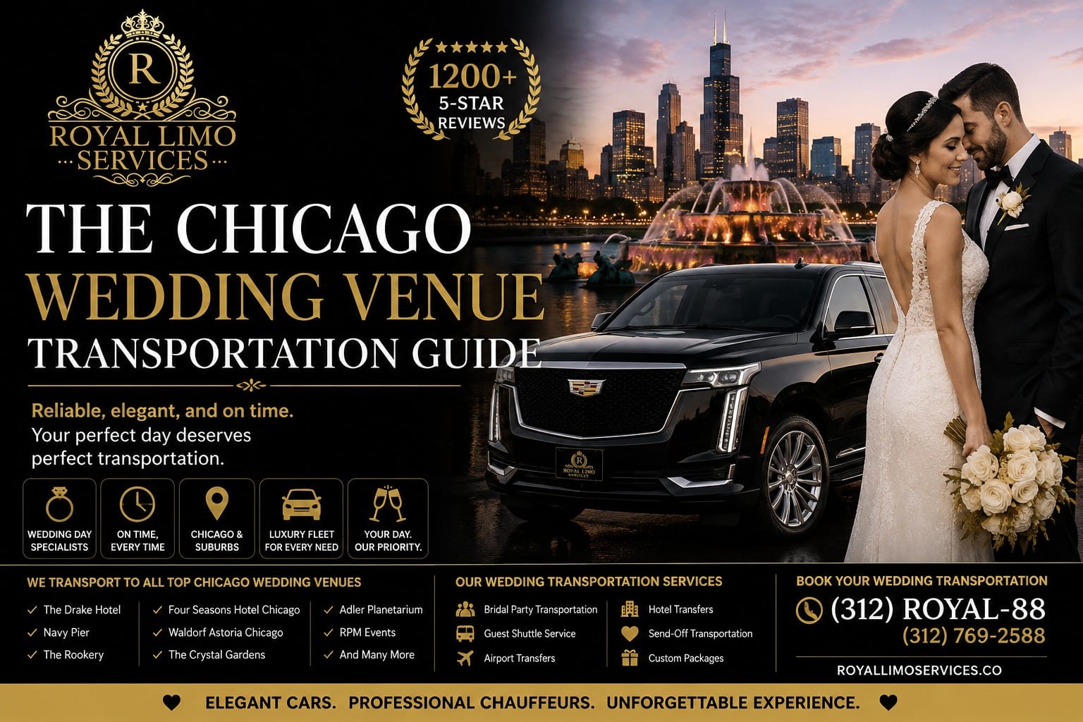 Chicago wedding venue transportation — Royal Limo Services wedding limo guide with bride and groom beside a black luxury Escalade at Buckingham Fountain, serving The Drake, Four Seasons, Waldorf Astoria, Navy Pier, Adler Planetarium and all top Chicago wedding venues, top rated with 1200+ five-star reviews