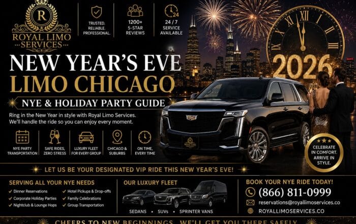 New Year's Eve limo Chicago — Royal Limo Services NYE and holiday party guide, couple in evening wear beside a black luxury Escalade with Chicago skyline fireworks and midnight clock, sedans, SUVs and Sprinter vans with no NYE surge pricing