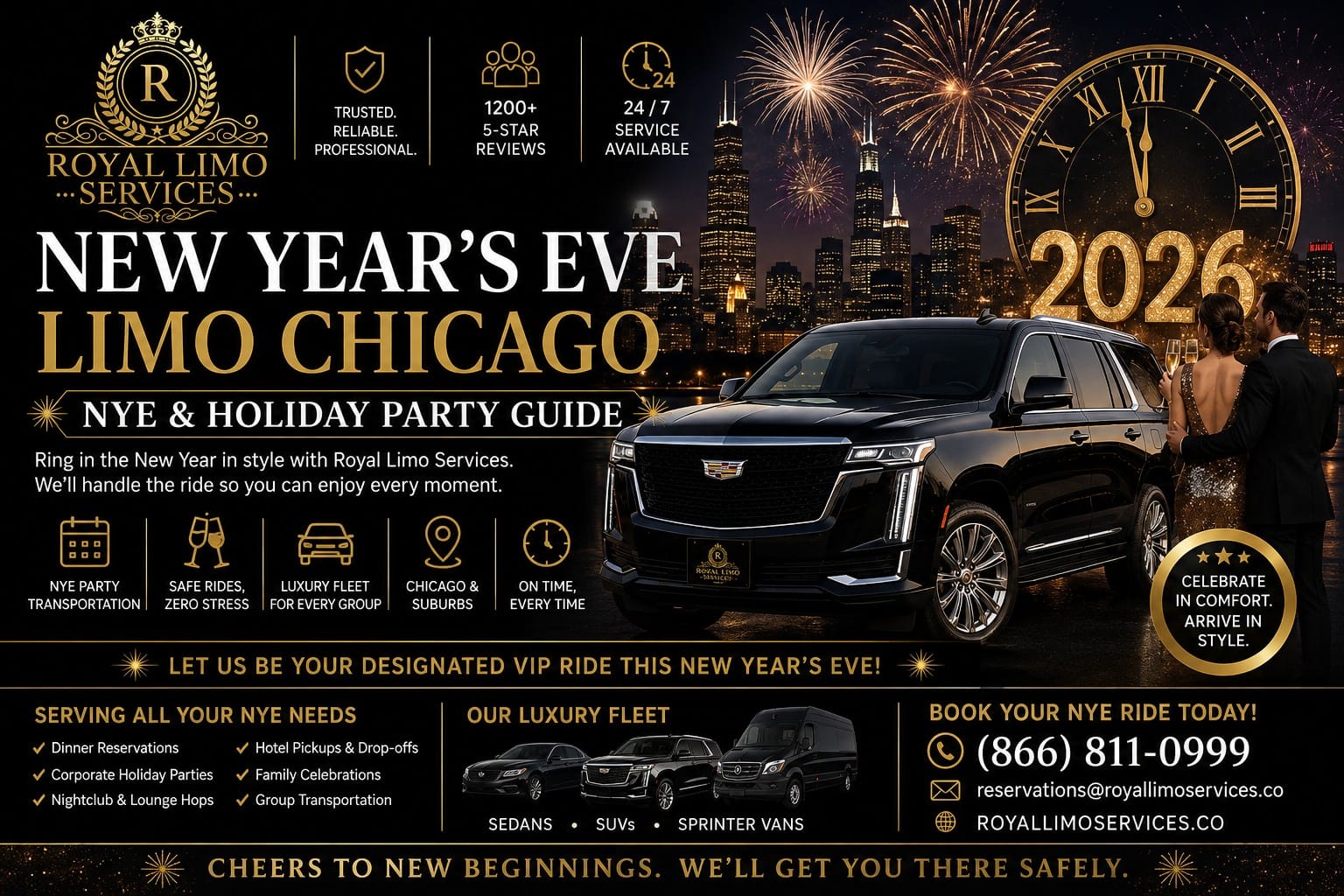 New Year's Eve limo Chicago — Royal Limo Services NYE and holiday party guide, couple in evening wear beside a black luxury Escalade with Chicago skyline fireworks and midnight clock, sedans, SUVs and Sprinter vans with no NYE surge pricing