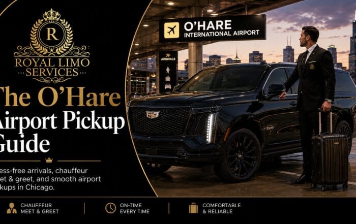 Alt text: O'Hare airport pickup luxury car service — Royal Limo Services chauffeur with black Escalade SUV at the ORD arrivals curb, meet and greet included across Chicagoland