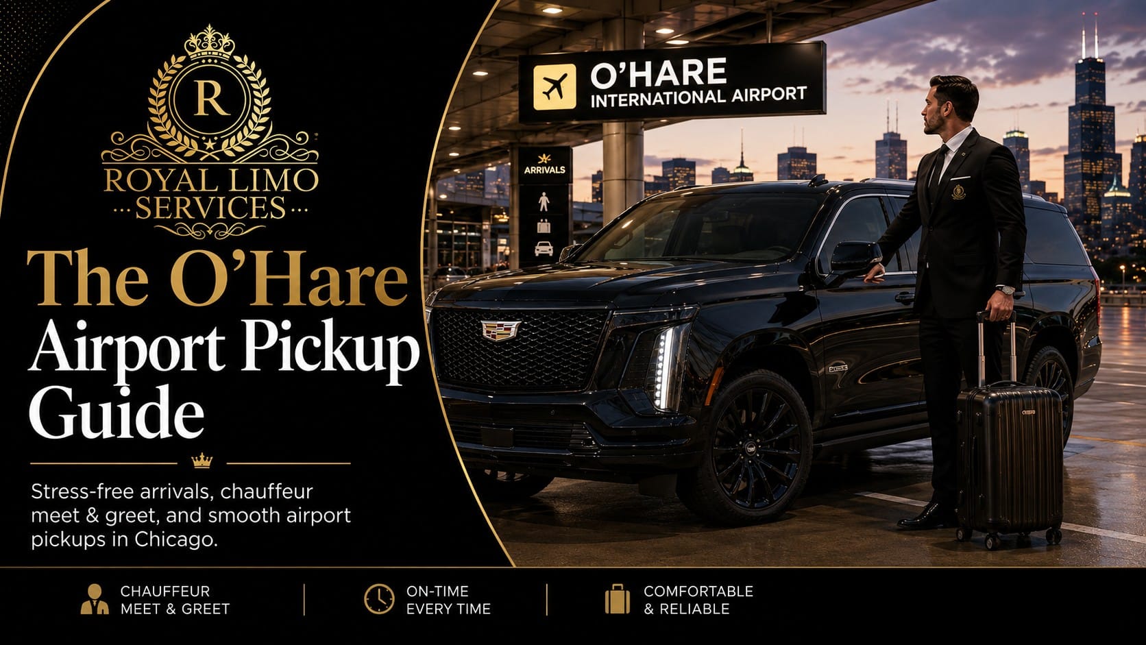 Alt text: O'Hare airport pickup luxury car service — Royal Limo Services chauffeur with black Escalade SUV at the ORD arrivals curb, meet and greet included across Chicagoland