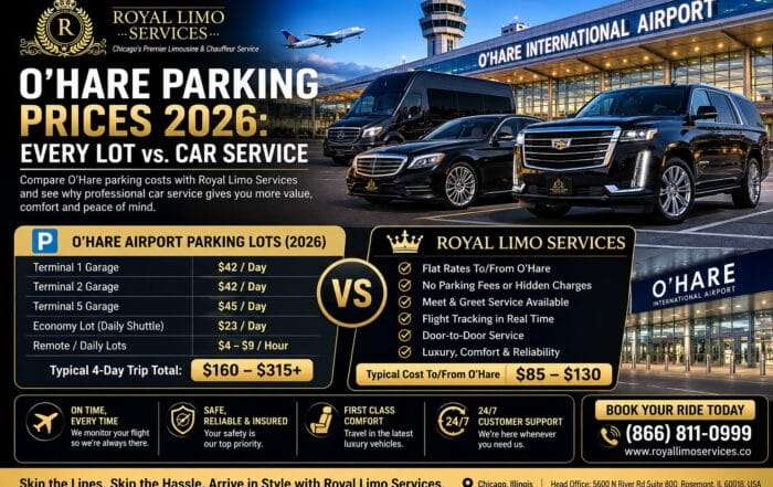 O'Hare parking prices 2026 guide — Royal Limo Services comparison of O'Hare airport garage, economy and remote parking rates versus flat-rate chauffeured car service, with black luxury SUV and sedan fleet, flight tracking and meet and greet at O'Hare International Airport