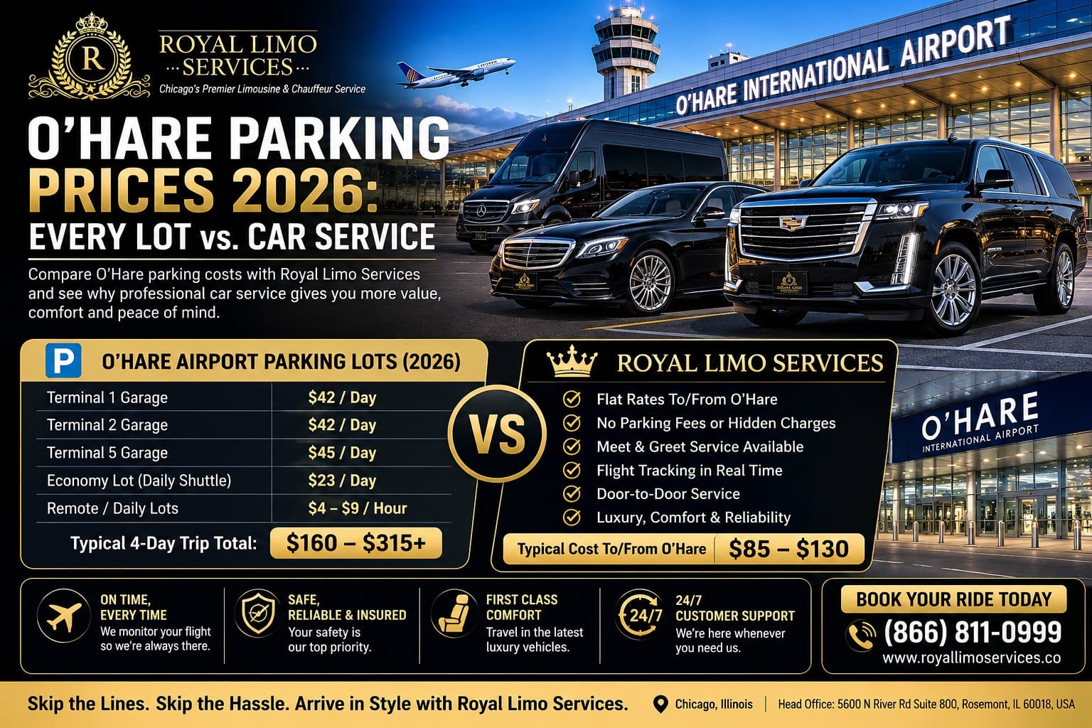 O'Hare parking prices 2026 guide — Royal Limo Services comparison of O'Hare airport garage, economy and remote parking rates versus flat-rate chauffeured car service, with black luxury SUV and sedan fleet, flight tracking and meet and greet at O'Hare International Airport