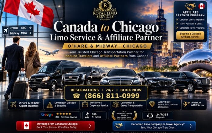Royal Limo Services Canada to Chicago limo service and affiliate partner for inbound travelers, O’Hare and Midway airport transfers, executive black cars, SUVs and Sprinter transportation.