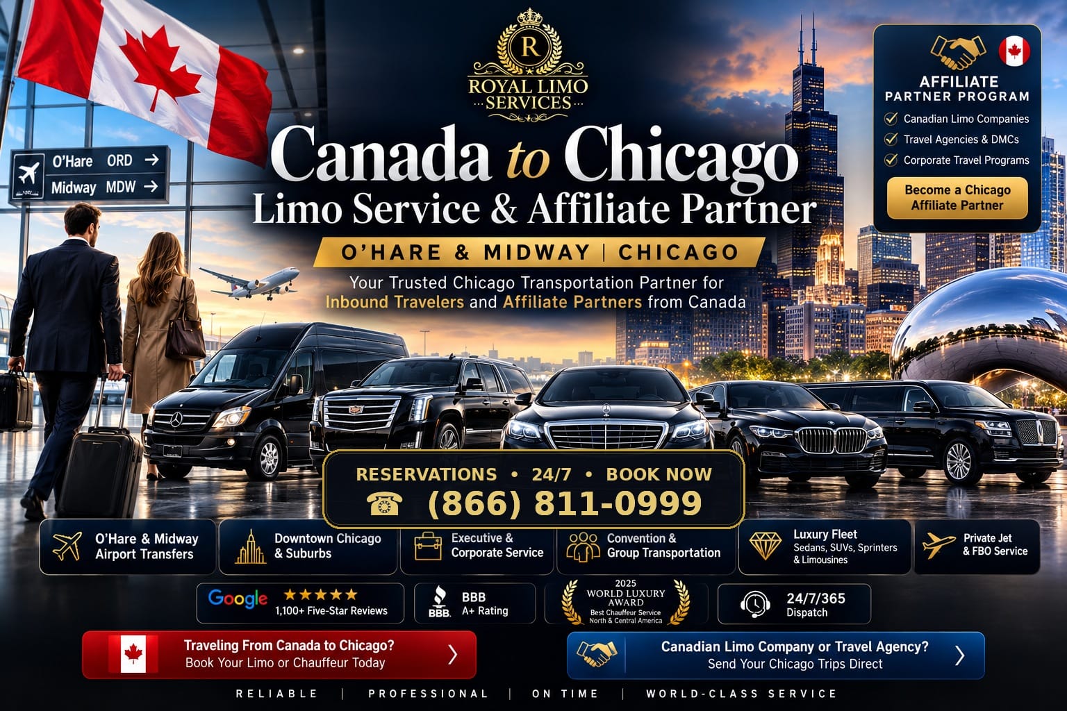 Royal Limo Services Canada to Chicago limo service and affiliate partner for inbound travelers, O’Hare and Midway airport transfers, executive black cars, SUVs and Sprinter transportation.