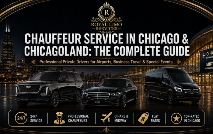 Chauffeur service in Chicago & Chicagoland — Royal Limo Services luxury fleet with Chicago skyline, O'Hare & Midway