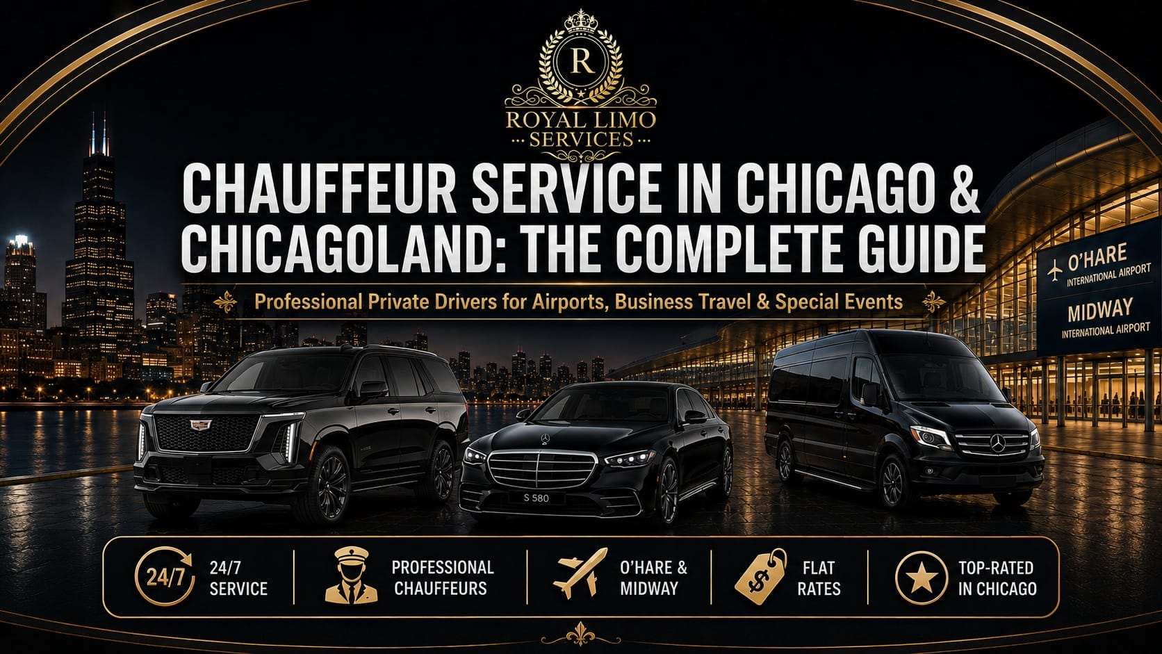 Chauffeur service in Chicago & Chicagoland — Royal Limo Services luxury fleet with Chicago skyline, O'Hare & Midway