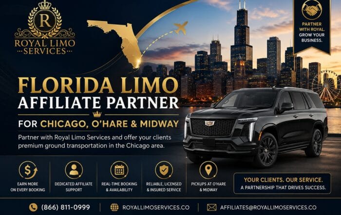 Florida limo affiliate partner for Chicago, O'Hare & Midway — Royal Limo Services Escalade with Chicago skyline