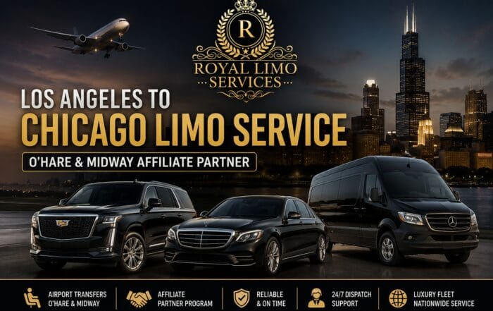 Los Angeles to Chicago limo service — Royal Limo Services luxury fleet with Chicago skyline; O'Hare & Midway affiliate partner