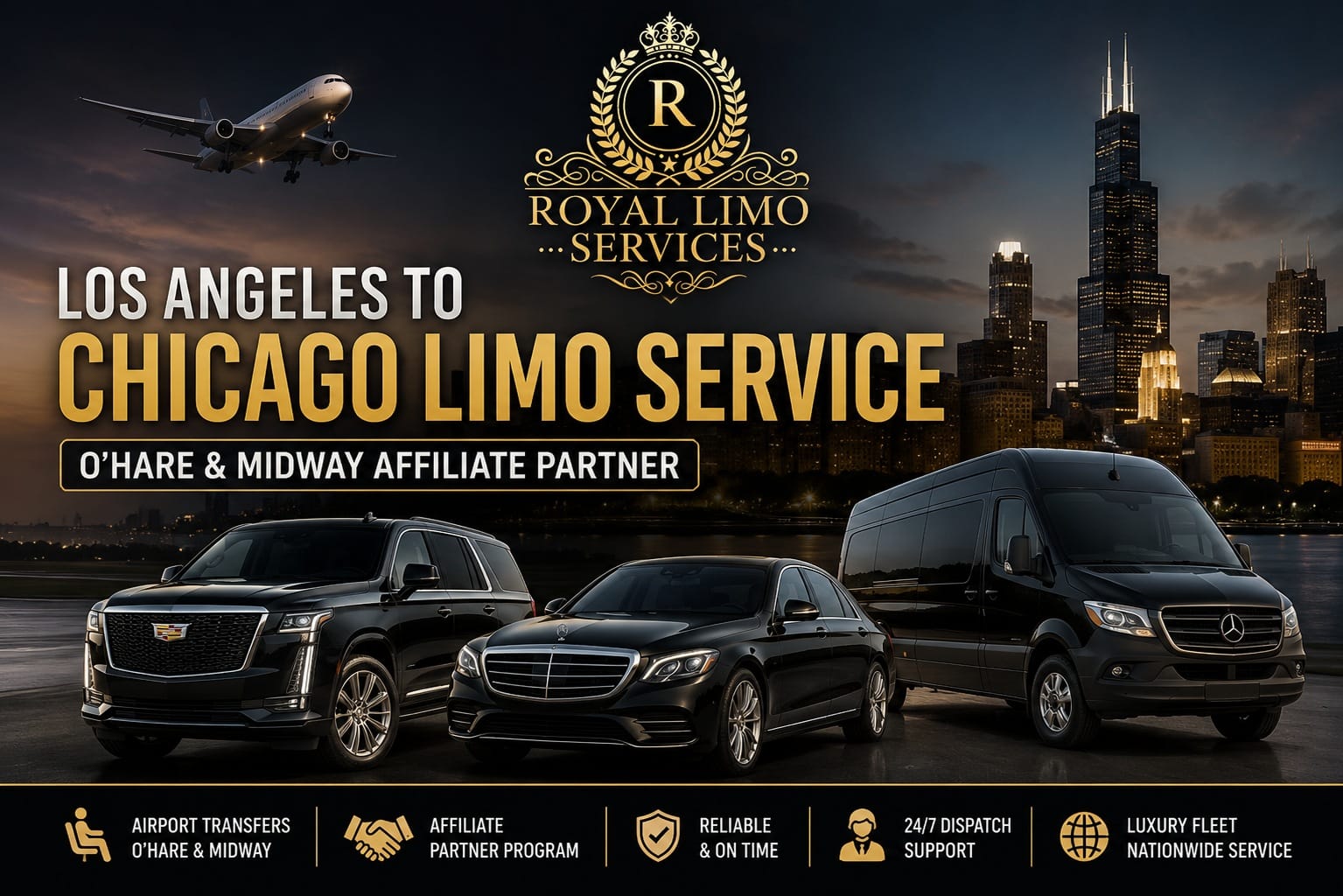 Los Angeles to Chicago limo service — Royal Limo Services luxury fleet with Chicago skyline; O'Hare & Midway affiliate partner