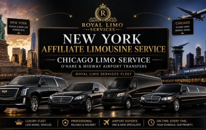 **Alt text:** Royal Limo Services New York affiliate limousine service featuring luxury black fleet for Chicago limo service, O’Hare and Midway airport transfers.