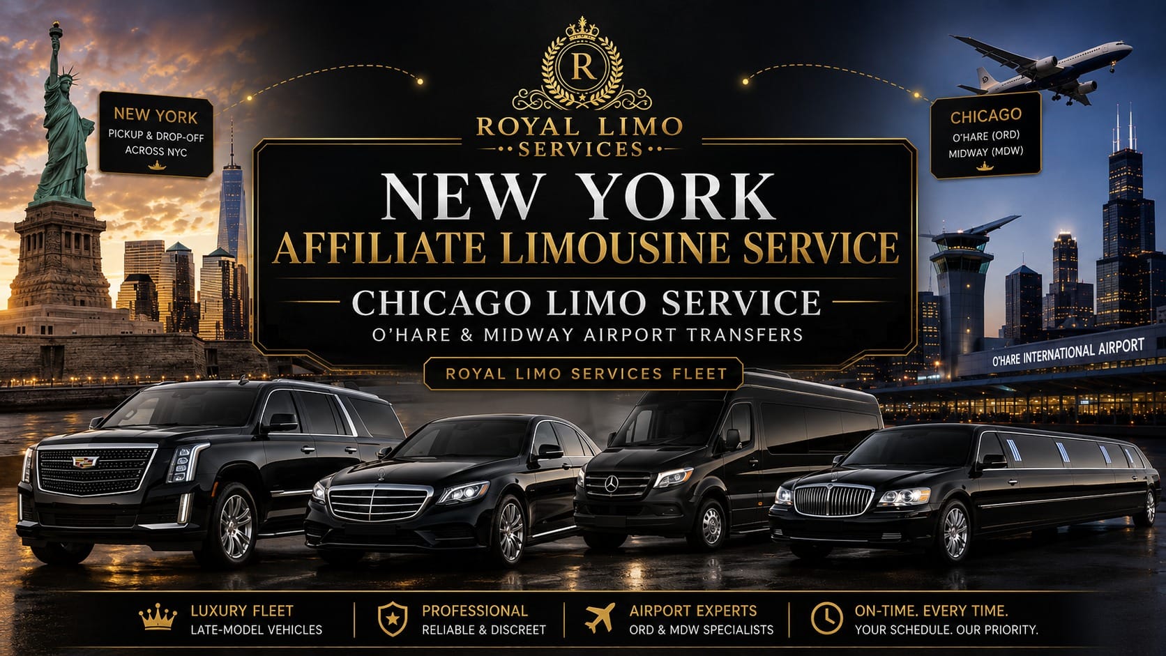 **Alt text:** Royal Limo Services New York affiliate limousine service featuring luxury black fleet for Chicago limo service, O’Hare and Midway airport transfers.