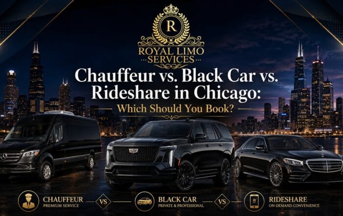 Chauffeur vs black car vs rideshare in Chicago — Royal Limo's Mercedes Sprinter, Cadillac Escalade and S-Class with Chicago skyline
