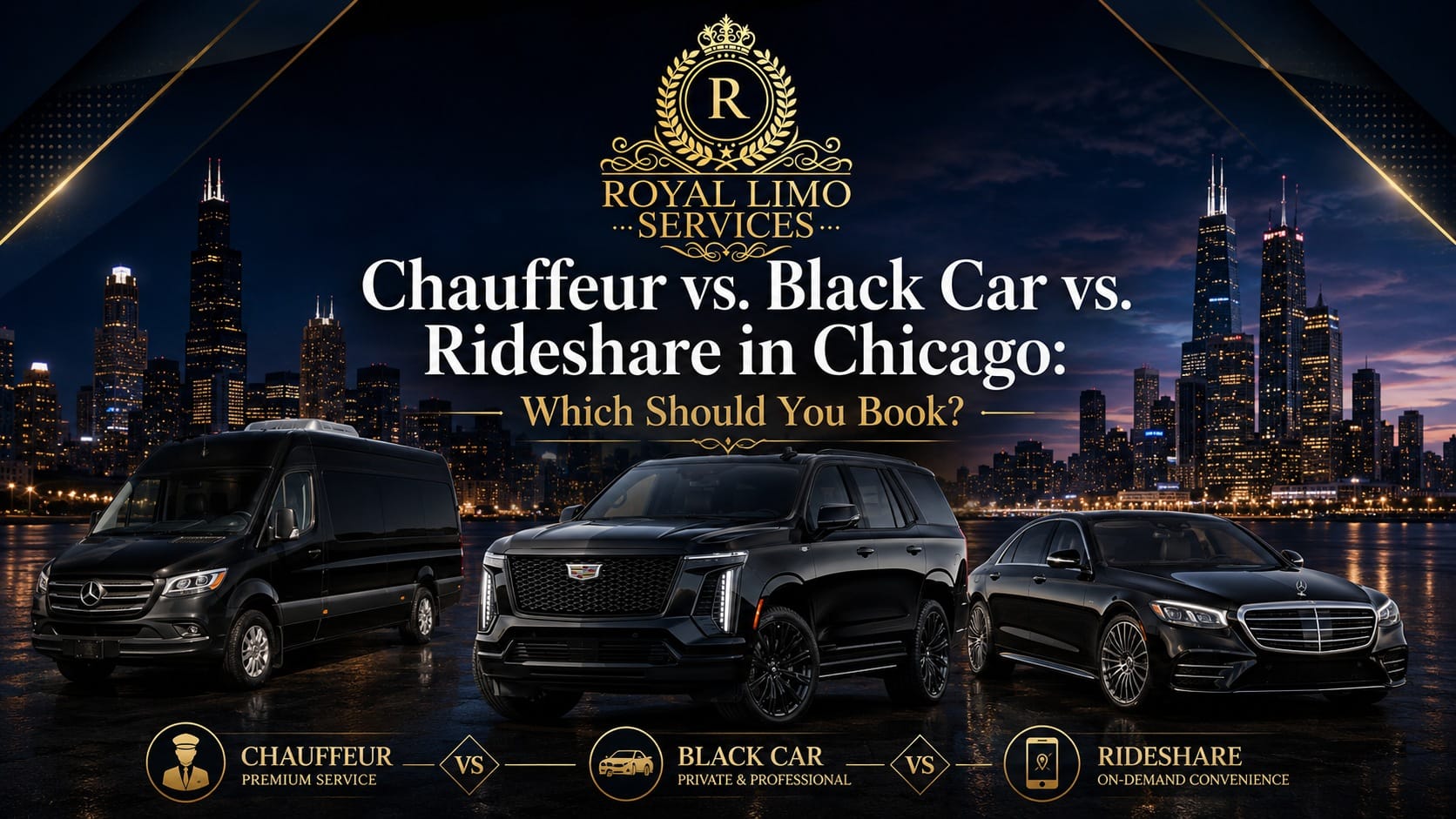 Chauffeur vs black car vs rideshare in Chicago — Royal Limo's Mercedes Sprinter, Cadillac Escalade and S-Class with Chicago skyline