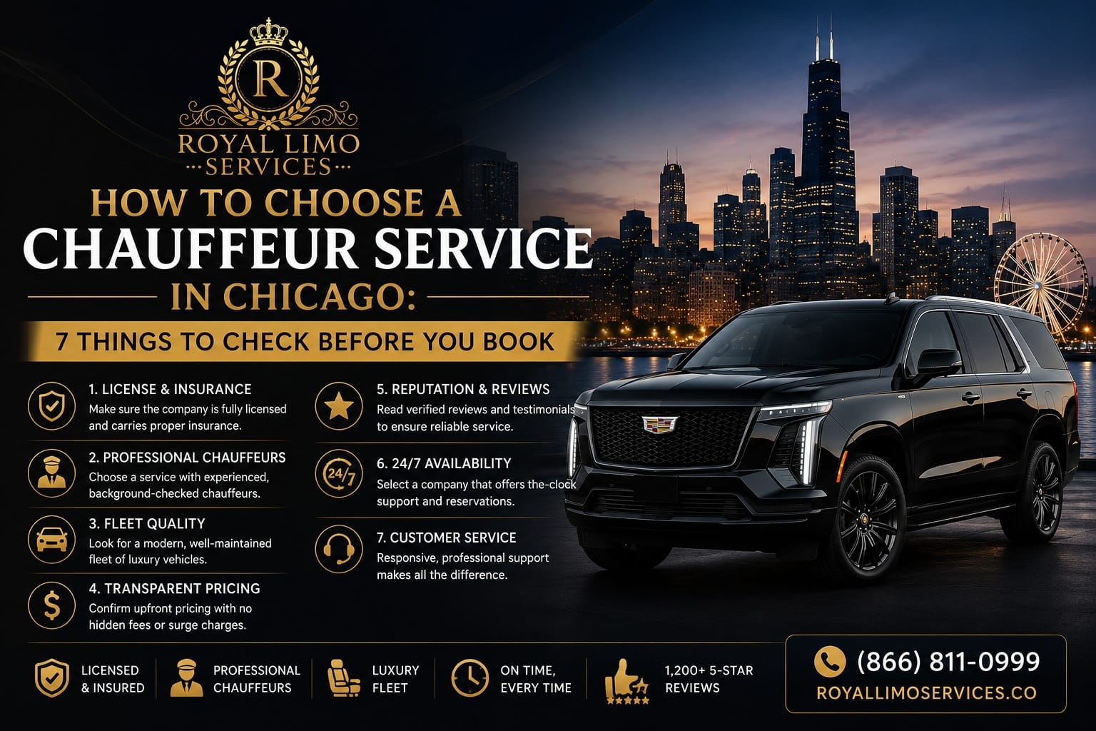 How to choose a chauffeur service in Chicago — Royal Limo Services professional chauffeur with luxury fleet, 7-point checklist guide