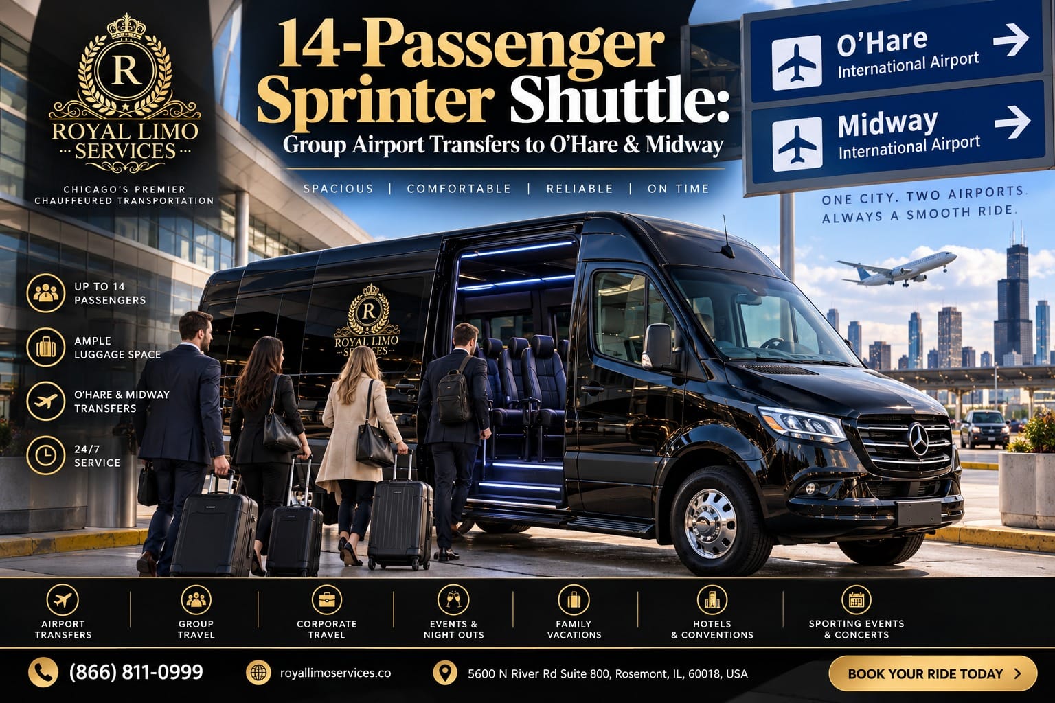 14-passenger Sprinter shuttle by Royal Limo Services — group boarding a black Mercedes Sprinter with luggage at a Chicago airport, O'Hare and Midway signs