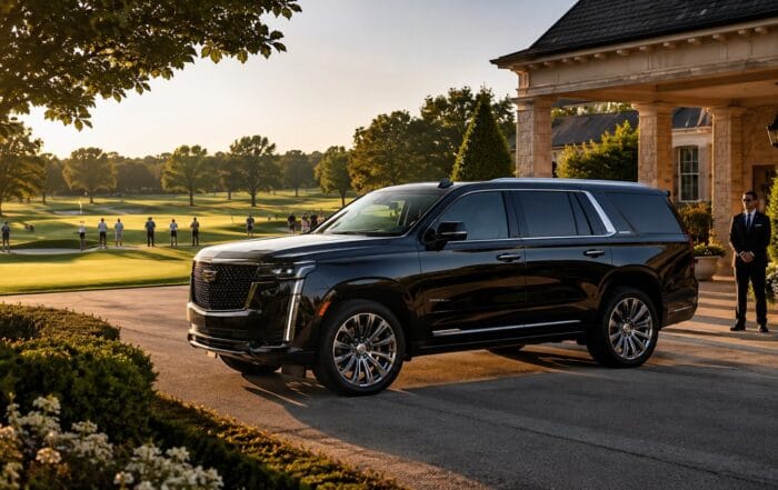 Black luxury SUV outside an upscale golf club representing transportation for the 2026 Presidents Cup at Medinah near Chicago