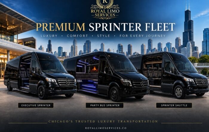 Sprinter van service in Chicago by Royal Limo Services — the premium Sprinter fleet of three black Mercedes-Benz vans against the Chicago skyline: an executive Sprinter with face-to-face captain seating, a party bus Sprinter with lounge interior and LED lighting, and a 15-passenger Sprinter shuttle for group transportation.