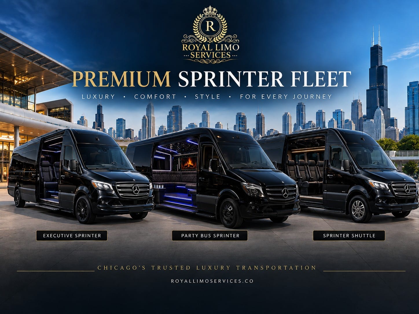 Sprinter van service in Chicago by Royal Limo Services — the premium Sprinter fleet of three black Mercedes-Benz vans against the Chicago skyline: an executive Sprinter with face-to-face captain seating, a party bus Sprinter with lounge interior and LED lighting, and a 15-passenger Sprinter shuttle for group transportation.