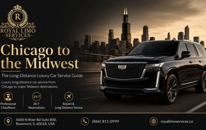 Chicago to the Midwest long-distance luxury car service guide — Royal Limo Services black Cadillac Escalade on the highway with Chicago skyline, professional chauffeurs, 24/7 reservations, airport and long-distance service from Rosemont