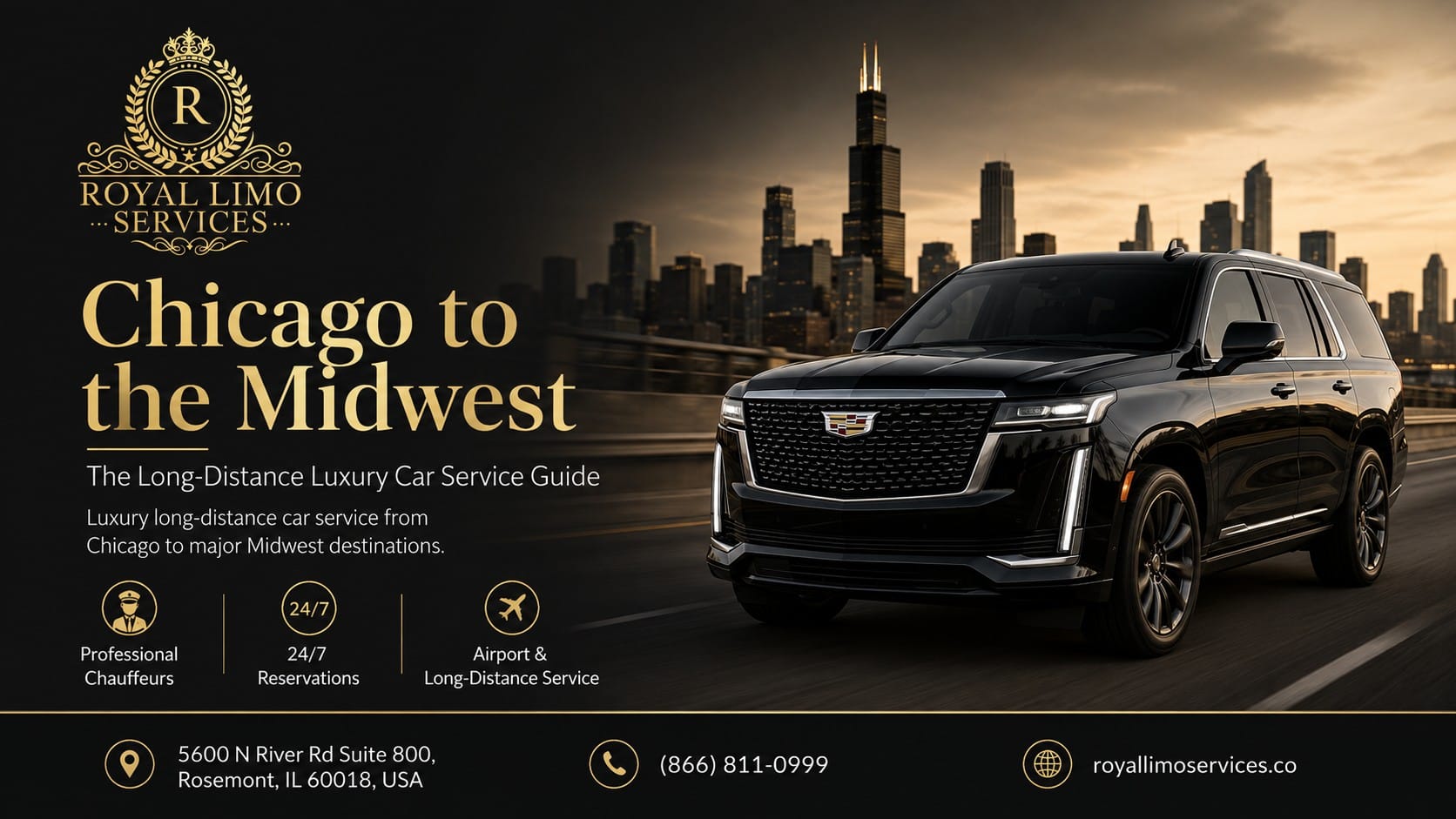 Chicago to the Midwest long-distance luxury car service guide — Royal Limo Services black Cadillac Escalade on the highway with Chicago skyline, professional chauffeurs, 24/7 reservations, airport and long-distance service from Rosemont