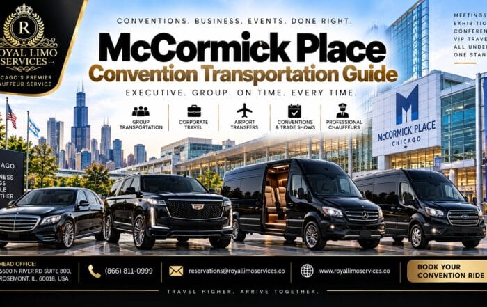 Royal Limo Services McCormick Place convention transportation — S-Class, Cadillac Escalade, Sprinter, and Transit van fleet