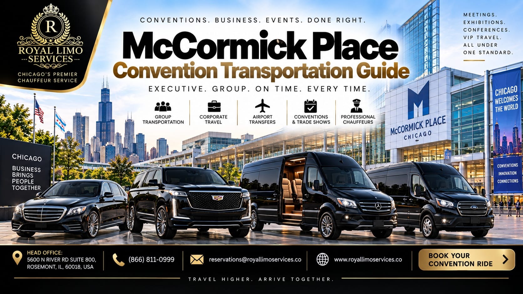 Royal Limo Services McCormick Place convention transportation — S-Class, Cadillac Escalade, Sprinter, and Transit van fleet