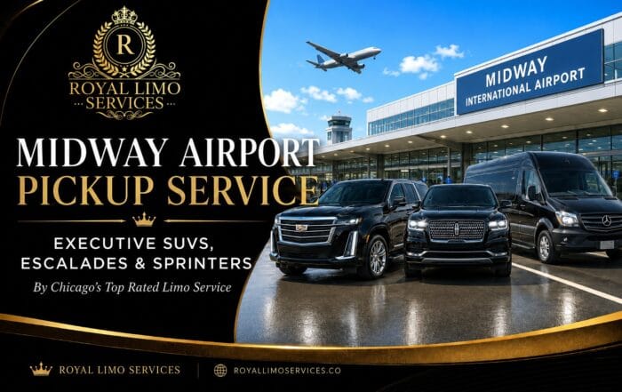 Midway airport pickup service by Chicago's top rated limo service — Royal Limo Services executive SUVs, Escalades and Sprinters lined up at Midway International Airport, luxury chauffeured black car fleet, royallimoservices.co