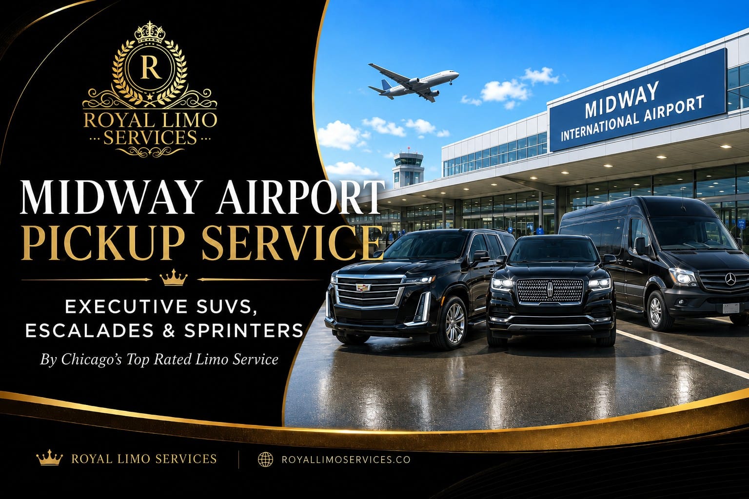 Midway airport pickup service by Chicago's top rated limo service — Royal Limo Services executive SUVs, Escalades and Sprinters lined up at Midway International Airport, luxury chauffeured black car fleet, royallimoservices.co