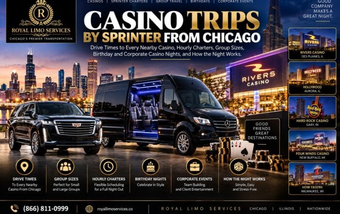 Casino trips by Sprinter from Chicago, with a black Cadillac Escalade and Mercedes Sprinter van with its door open beside poker chips and cards, and the Chicago skyline at night