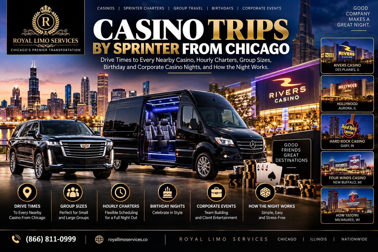 casino-trips-by-sprinter-from-chicago Casino trips by Sprinter from Chicago, with a black Cadillac Escalade and Mercedes Sprinter van with its door open beside poker chips and cards, and the Chicago skyline at night